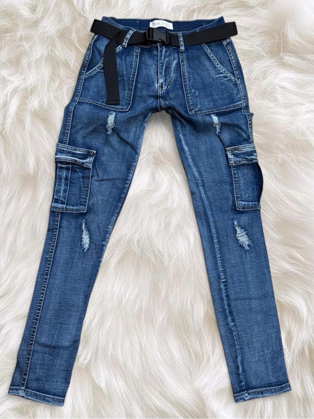 Track 23 Distressed Y2K Cargo Skinny Jeans Belted Dark Wash